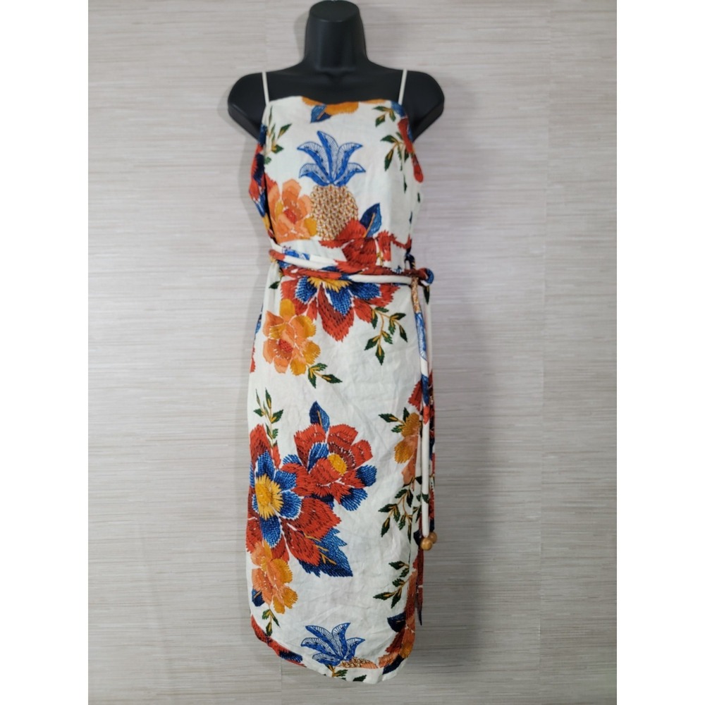 Farm Rio Midi Dress Womens Medium Cream Tropical Pineapple Flowers Linen Blend